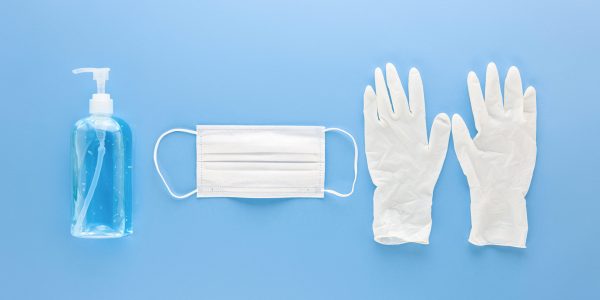 Medical mask, gloves and alcohal gel hand sanitizer for protecting from infection during COVID-19 pandemic