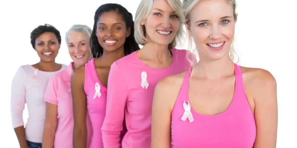 Smiling,Women,Wearing,Pink,And,Ribbons,For,Breast,Cancer,On