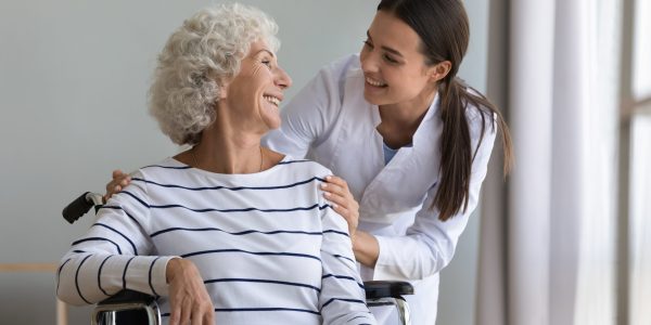 Happy,Young,Woman,Nurse,Help,Disabled,Paralyzed,Senior,Grandma,Patient