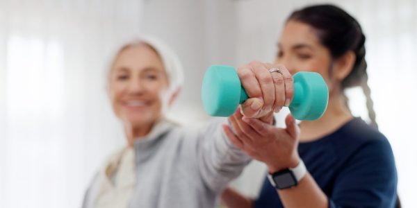 Woman,,Nurse,And,Dumbbell,In,Elderly,Care,For,Physiotherapy,,Exercise